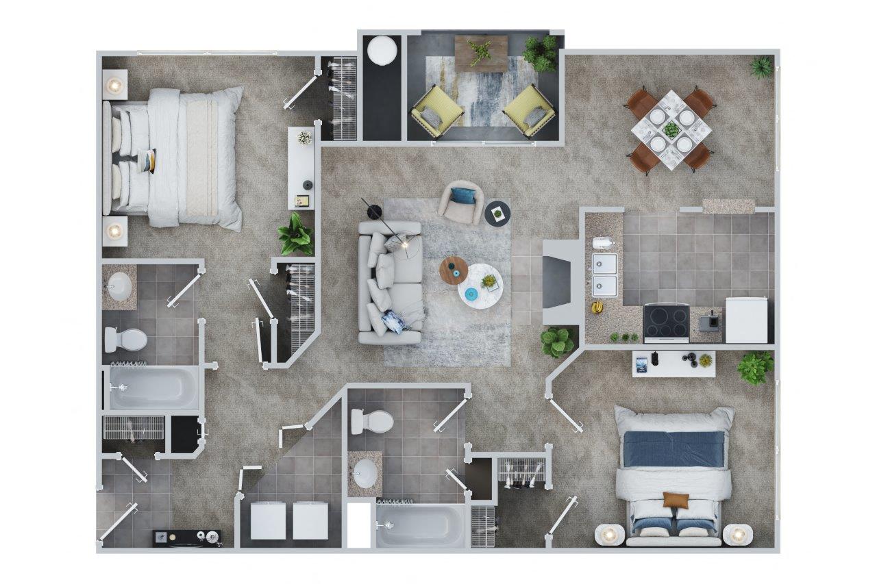 Floor plan for 2 beds, 2 baths, 1061 sqft
